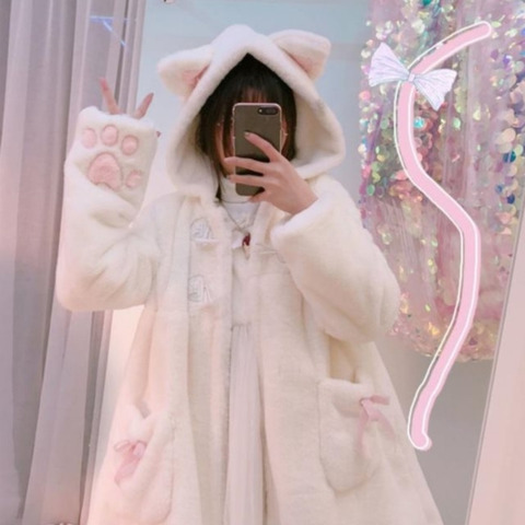 Veste d'hiver Lolita pour femme, manteau blanc en peluche, doublure polaire, tissu doux, Kawaii, chapeau d'oreille de chat, griffe, mignon, Parka pour jeune fille ► Photo 1/6