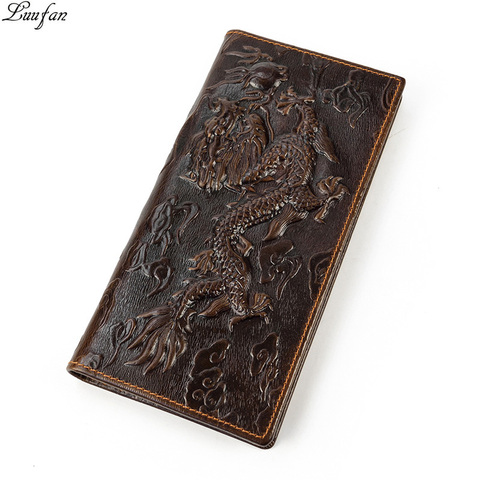 Portefeuille vintage en cuir véritable dragon pour hommes, long portefeuille à pression avec chaîne à deux volets, portefeuille à la mode ► Photo 1/6