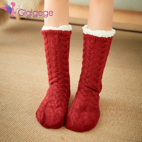 Glglgege-chaussettes en coton tricoté épais pour femmes, antidérapantes, chaussettes de sol, chaudes, en mi-mollet, pour pantoufles de maison ► Photo 1/6