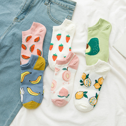 Chaussettes en coton Sox courtes et colorées pour femmes, en bateau, mode Fruits, pour filles, banane, pastèque, 2022 ► Photo 1/6