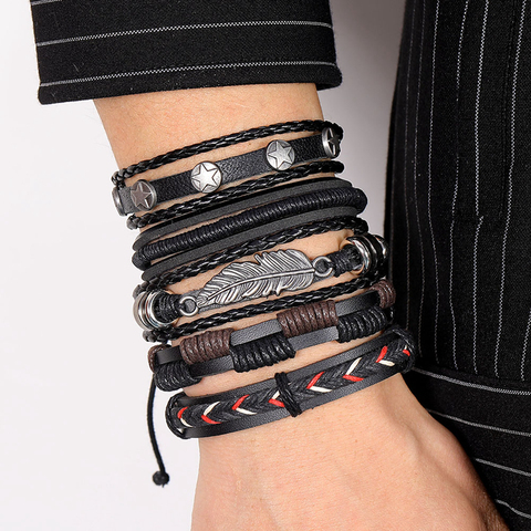 DAXI bracelet homme cuir bracelet homme bijoux homme bracelets homme bracelet cordon corde bracelet tissé bracelet pour homme à la main plume feuille Bracelet réglable Bracelet ensemble ► Photo 1/6