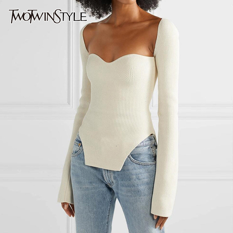 Deuxtwinstyle blanc côté fendu tricoté femmes pull col carré à manches longues chandails femme automne mode nouveaux vêtements 2022 ► Photo 1/6