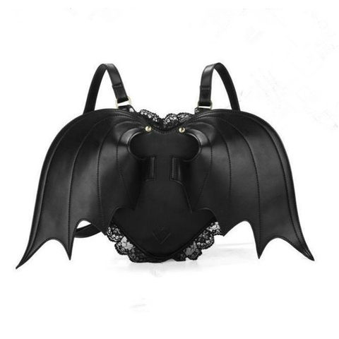 Noir Harajuku style gothique Lolita en forme de coeur dentelle diable chauve-souris ailes sac à dos rue Vintage packbag étudiant sac d'école mode ► Photo 1/6