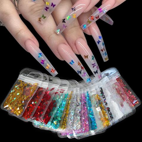 Paillettes pour manucure, motif papillon, étoile et cœur, or/argent, couleur laser, effet 3D, décoration holographique pour vernis à ongles, accessoires pour nail art ► Photo 1/6