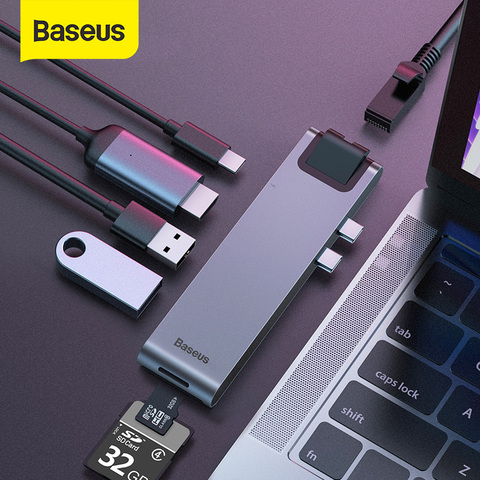 HUB USB C Baseus HUB USB vers USB 3.0 adaptateur compatible HDMI pour MacBook Pro HUB d'air TB 3 Dock répartiteur USB RJ45 HUB double Type C ► Photo 1/6