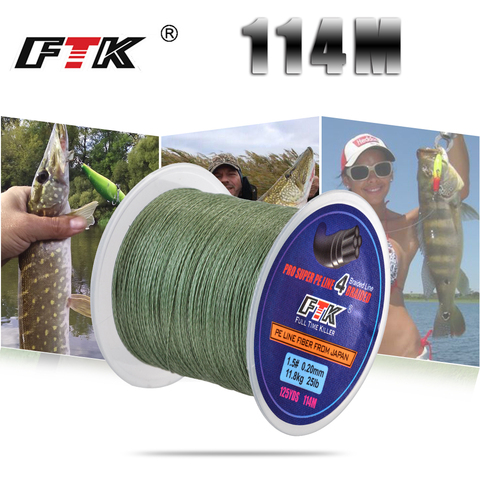 FTK – fil de pêche tressé PE, 114M, Multifilament, pour l'eau salée, 4 brins, 8 à 60lb, 0.4 à 6.0mm, #0.1-0.4 ► Photo 1/6