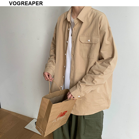 Chemise à manches longues pour hommes, 100% coton, mode coréenne, couleurs unies, Streetwear tendance, surdimensionné, ample, chemises Harajuku 5XL, printemps automne ► Photo 1/6