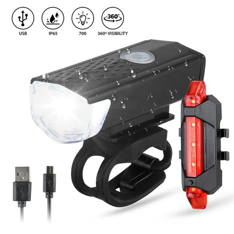 Vélo vélo lumière LED USB ensemble Rechargeable vélo de montagne avant arrière lampe de phare lampe de poche ► Photo 1/6