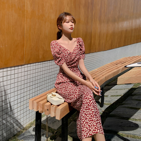 Robe longue en mousseline de soie, Vintage, imprimé Floral, Sexy, rétro, col en v, manches bouffantes, Boho, robes féeriques, été, 2022 ► Photo 1/6