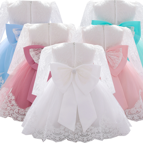 Nouveau-né à manches longues bébé fille robes fête mariage fille dentelle grand nœud robes infantile fille 1st anniversaire princesse baptême robe ► Photo 1/6