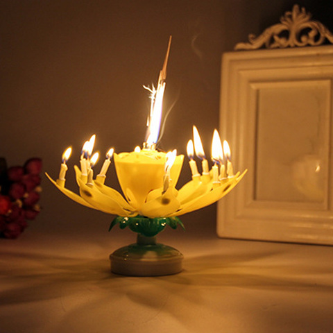 Bougie musicale en forme de fleur de Lotus, lumières rotatives pour fête d'anniversaire, 8/14 bougies à lampe, fournitures de décoration de gâteau à faire soi-même ► Photo 1/6