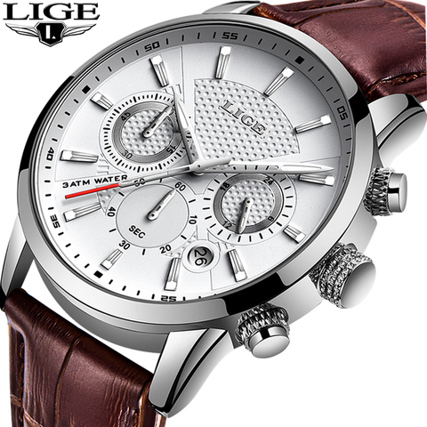 LIGE-montre en cuir pour hommes, chronographe, étanche, Sport, Date automatique, à Quartz, nouvelle marque 2022 ► Photo 1/6