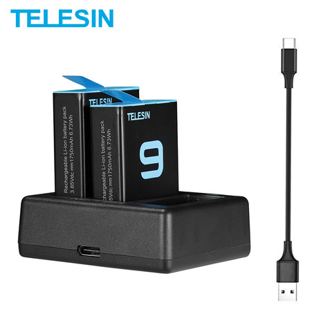 TELESIN – lot de 2 batteries 1750mAh, chargeur de batterie à 3 voies, lumière LED, pour GoPro Hero 9 Black, accessoires de caméra d'action ► Photo 1/6