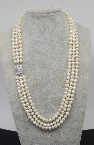 Waouh! Collier en perles d'eau douce, 3 rangées, blanc, presque rond, 7-8mm, 19-21 pouces, naturel, vente en gros, FPPJ ► Photo 1/3