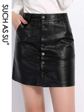 Jupe noire taille haute en cuir pour femme, nouvelle mode automne hiver, poches, boutons, ligne A, 2022 ► Photo 1/6