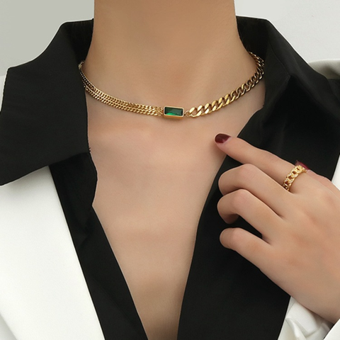 Bijoux fins en acier inoxydable 316l, breloques minimalistes en Zircon vert, collier ras du cou épais pour femmes ► Photo 1/1