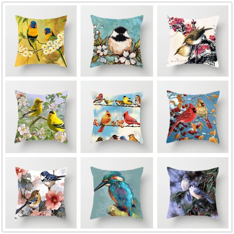 Housses de coussin motifs d'oiseaux adorables, housses de coussin à motifs de fleurs, décoratives pour canapé, voiture, salon, accessoires en lin Polyester ► Photo 1/6