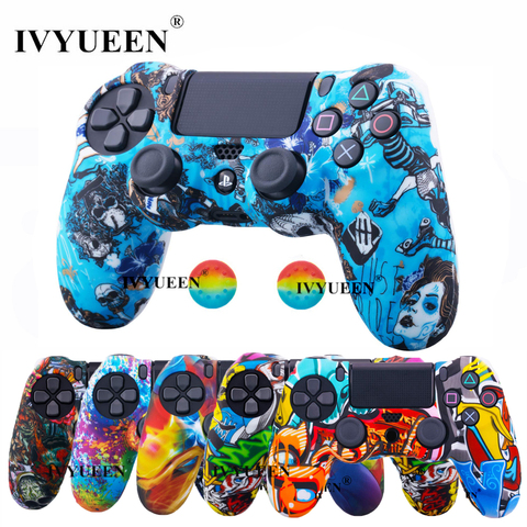 IVYUEEN Pour Sony Dualshock PS4 DS4 Mince Pro Contrôleur Silicone Camo Cas De Protection Peau + Pouce Bâton Caps pour Jouer station 4 ► Photo 1/6