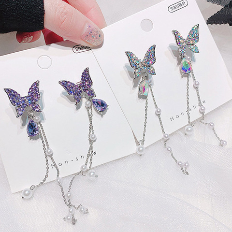 Haute qualité cristal violet/éblouissant blanc papillon étincelant longues boucles d'oreilles exagérées deux boucles d'oreilles ► Photo 1/6