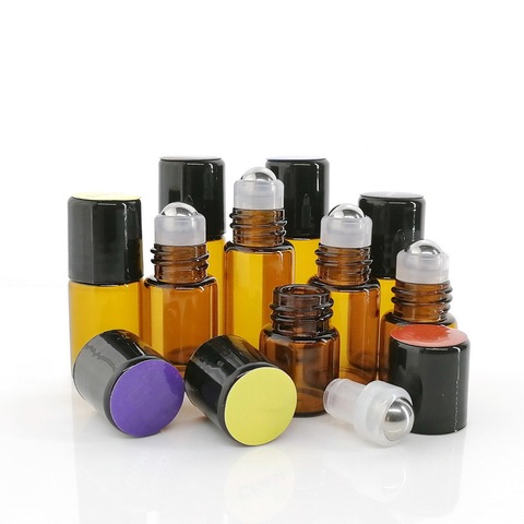 Flacons roulés en verre, ambre 1ml 2ml 3ml, pour huiles essentielles doTERRA vide rouleau en acier inoxydable, brillant à lèvres, 24 pièces ► Photo 1/6