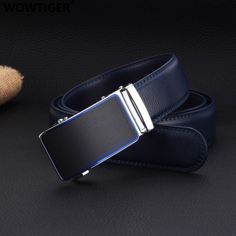 WOWTIGER – ceinture en cuir de vache pour hommes, largeur de 3.5cm, boucle automatique réglable, haute qualité, marque de luxe, couleur bleue ► Photo 1/6