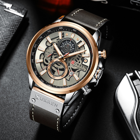 CURREN – montre-bracelet en cuir pour hommes, Top marque, mode chronographe Sport, horloge à Quartz, cadeau ► Photo 1/6