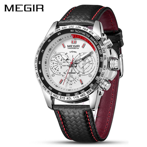 MEGIR-montre de Sport à Quartz pour hommes, marque de luxe, mode décontracté, bracelet en cuir noir, grand cadran ► Photo 1/6
