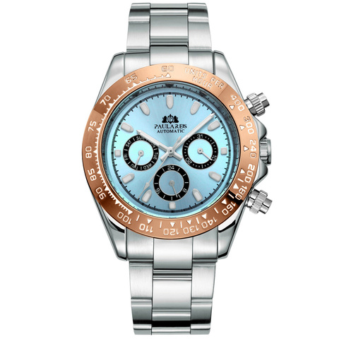 Montres automatiques auto vent mécanique or acier inoxydable Glacier glace cadran bleu châtaigne marron lunette lumineuse hommes montre ► Photo 1/6