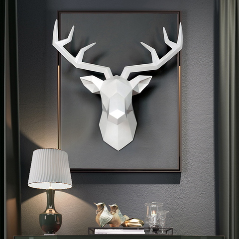 Tête de cerf en résine, Sculpture 3D abstraite, décoration murale, tête de cerf blanche, pour la maison, tête Vintage de 34x28x14cm ► Photo 1/6