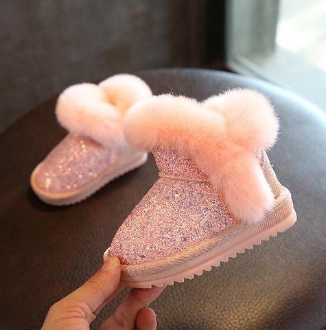 Bottes de neige en fourrure de lapin pour enfant, chaussures de princesse de sport pour bébé en coton et cuir véritable, avec paillettes, 2022 ► Photo 1/5