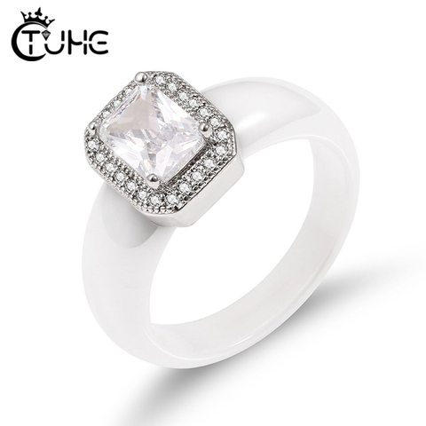 Grand carré blanc cristal 6mm bague en céramique pour les femmes promesse féminine bagues de fiançailles de mariage bijoux de mode lisse matériel cadeau ► Photo 1/6