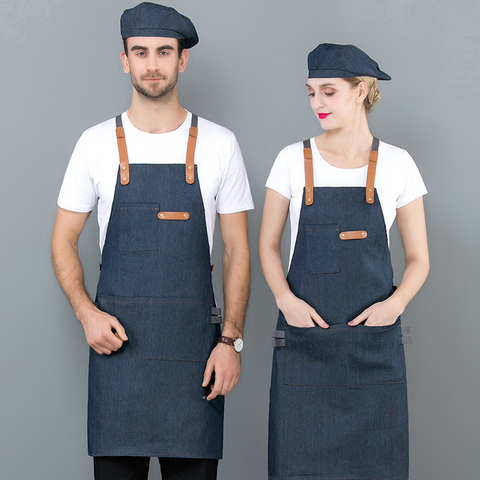 Tablier Long en Denim de Chef de cuisine pour serveuse, pour Restaurant et hôtel, de taille, pour Bar, Pub, Pub, tablier de cuisine universel, casquettes, 56-58cm ► Photo 1/6