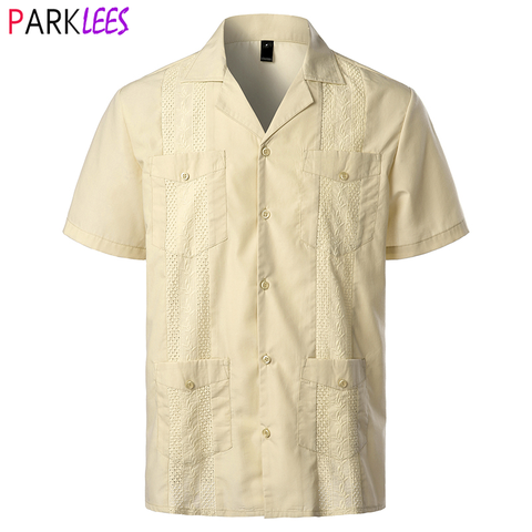 Chemise Guayabera à manches courtes pour hommes, chemise de plage traditionnelle cubaine à col de Camp brodée de Style caraïbes mexicain avec 4 poches ► Photo 1/6