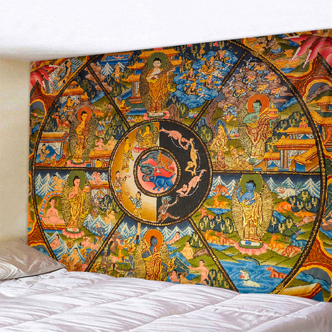 Tapisserie murale antique bouddhiste Thangka, peinture Hippie Mandala, tapisserie de paysage, tapis suspendu ► Photo 1/6
