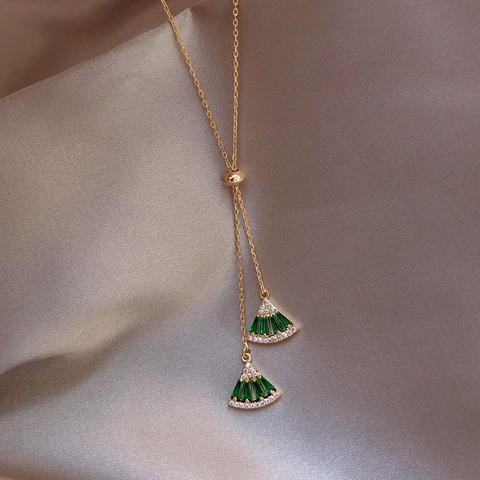Vente chaude vert zircon cristal en forme d'éventail géométrique collier pendentif collier élégant parti dames collier bijoux pour les femmes ► Photo 1/6