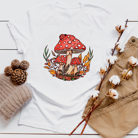 Champignon sauvage coloré 100% coton T-shirt esthétique mycologie plante T-shirt femmes coton Vegan haut T-shirt ► Photo 1/1