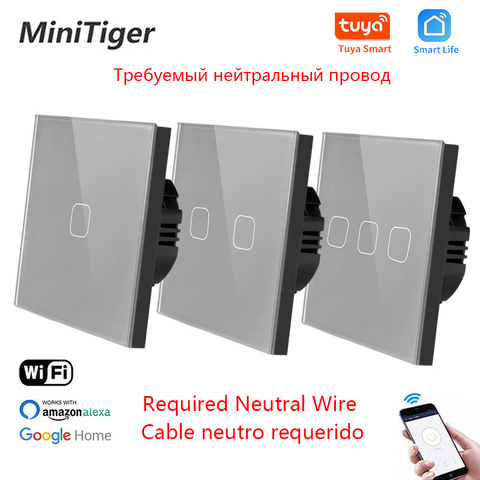 Minitiger – interrupteur mural tactile sans fil, 1/2/3 gangs, wi-fi, Standard ue, Tuya/Smart Life, commande sans fil neutre ► Photo 1/6