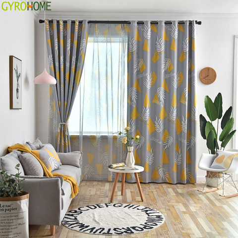 GYC2418 rideaux nordiques salon chambre feuilles bleu jaune gris rideau occultant fenêtre traitement drapé nuances ► Photo 1/6