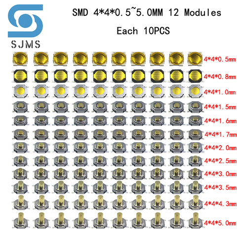 120 pièces assorties Micro Tactile bouton poussoir Tactile Tact Kit de commutateur étanche 4x4x0.5 ~ 5 SMD 4 broches LCD moniteur réparation SMT 4*4*1.5mm ► Photo 1/2