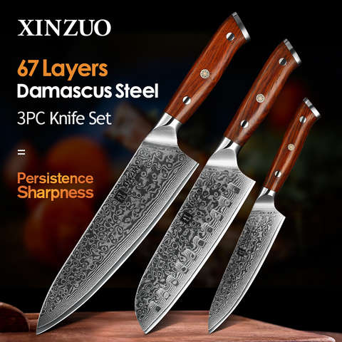 XINZUO-kit couteaux japonais forgés de Chef Santoku, en acier inoxydable, manche en bois de rose, 3 pièces ► Photo 1/6