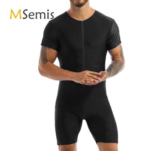 Maillots de bain hommes gymnastique justaucorps serré Body manches courtes avant fermeture éclair Boxer slips Shorts justaucorps costume mâle combinaison ► Photo 1/6