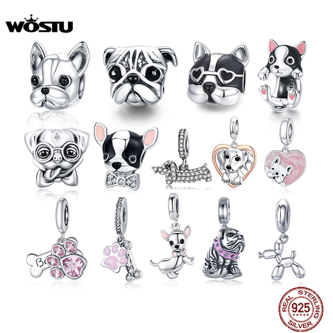 WOSTU – breloques en argent Sterling 925 pour chien, en zircone, animaux, chien, bouledogue, perles adaptées au pendentif de Bracelet Original, bijoux à faire soi-même ► Photo 1/1