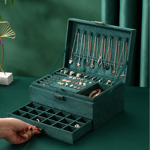 Nouveau 3-Couches Vert Velours Bijoux Organisateur Grande Boucle D'oreille Collier Étui Maquillage Cas Flanelle Boîte à Bijoux Avec serrure Pour les femmes ► Photo 1/6