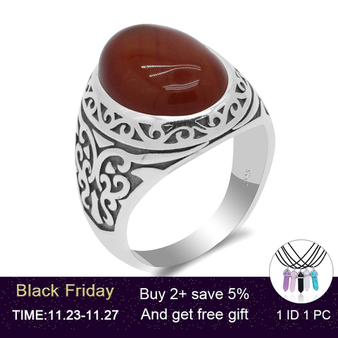 Bague Vintage en argent Sterling 925 pour hommes et femmes, avec Onyx naturel, grande pierre rouge, Design thaïlandais, bijoux turcs ► Photo 1/6