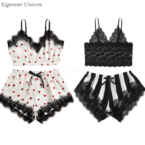 Sexy femmes rayé Satin soie déshabillé en dentelle dentelle florale col en V sans manches Lingerie hauts + vêtements de nuit Shorts femmes pyjamas ensembles ► Photo 1/6