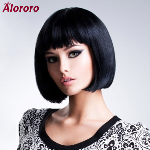 Alororo-perruque bob synthétique courte et lisse pour femmes, perruque de Cosplay en fibre de haute température, disponible quotidiennement, noire naturelle ► Photo 1/6