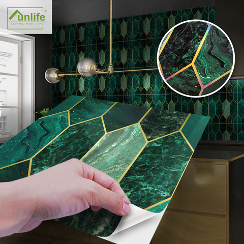 Funlife®Brillant™Autocollant mural imperméable en mosaïque de carreaux de dorure verte, 20x20cm, 10 pièces, pour salle de bain, cuisine, décoration de maison, bricolage ► Photo 1/6