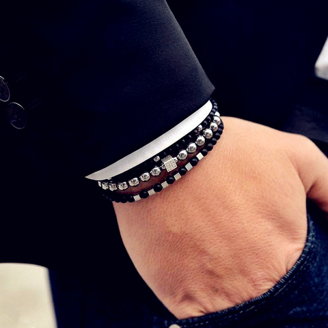 3 pièces/ensemble mode Cube perle Bracelet hommes mat noir pierre perle Bracelet ensembles pour hommes bijoux cadeau ► Photo 1/4