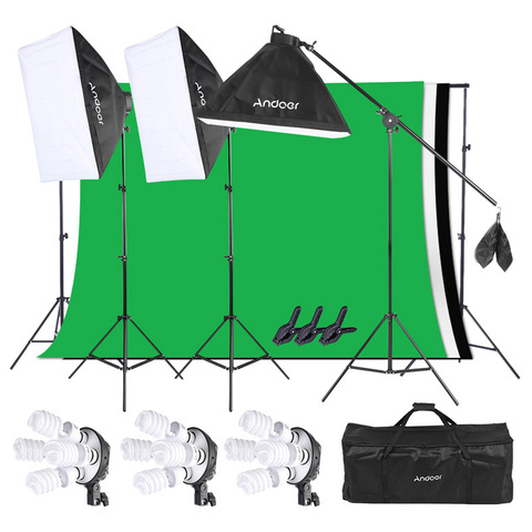 Kit d'éclairage de Studio Photo CZ Andoer Softbox + ampoule + douille d'ampoule + support de lumière + bâton en porte-à-faux + toile de fond + support de toile de fond + pince à ressort ► Photo 1/6