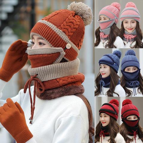 Femmes hiver tricoté bonnets casquette visage couverture cou écharpe gants ensemble en plein air chaud garder femmes tricoté chapeau avec écharpes gants ► Photo 1/6